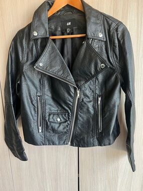 H&M Black Faux Leather Moto Biker Jacket with Silver Hardware